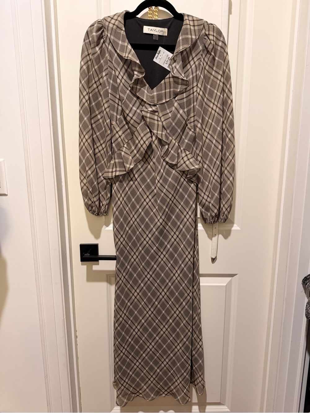 Taylor Plaid Ruffle V-Neck Maxi Dress in Taupe & Cream